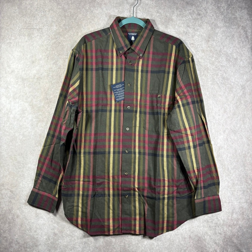 Roundtree & Yorke Flannel Shirt Men Large Green Plaid Portuguese Button Down NEW